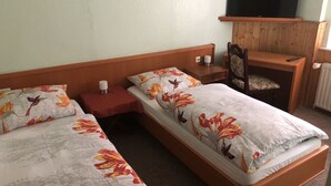 Un lit double avec une literie à motifs floraux, une table de chevet avec une lampe, une chaise, un téléviseur posé sur un meuble en bois et un radiateur.