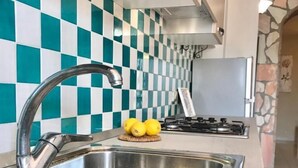 Una cocina con un lavamanos de acero inoxidable, una estufa a gas y un salpicadero a cuadros.