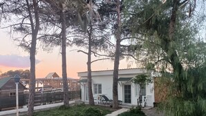Un quartiere residenziale con una casa bianca, un vialetto lastricato e un recinto di legno bianco.