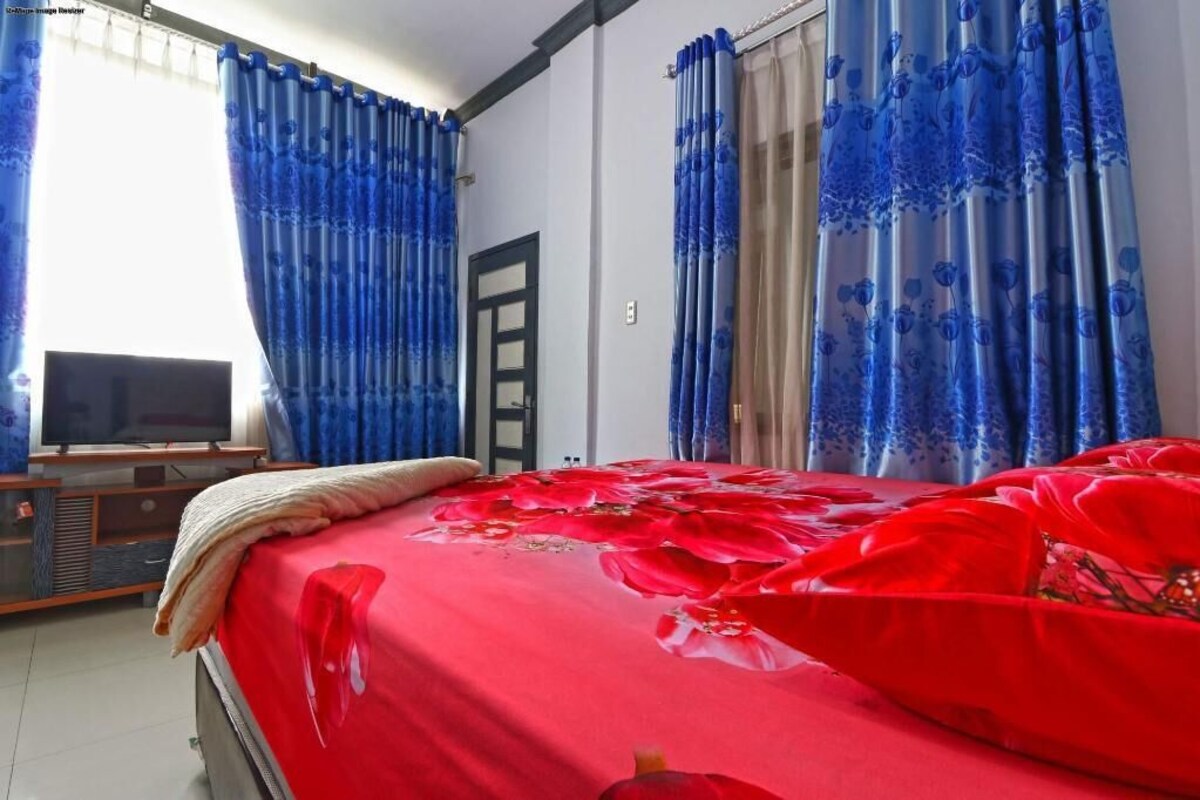 Une chambre à coucher avec un lit, des rideaux, une télévision et une fenêtre.