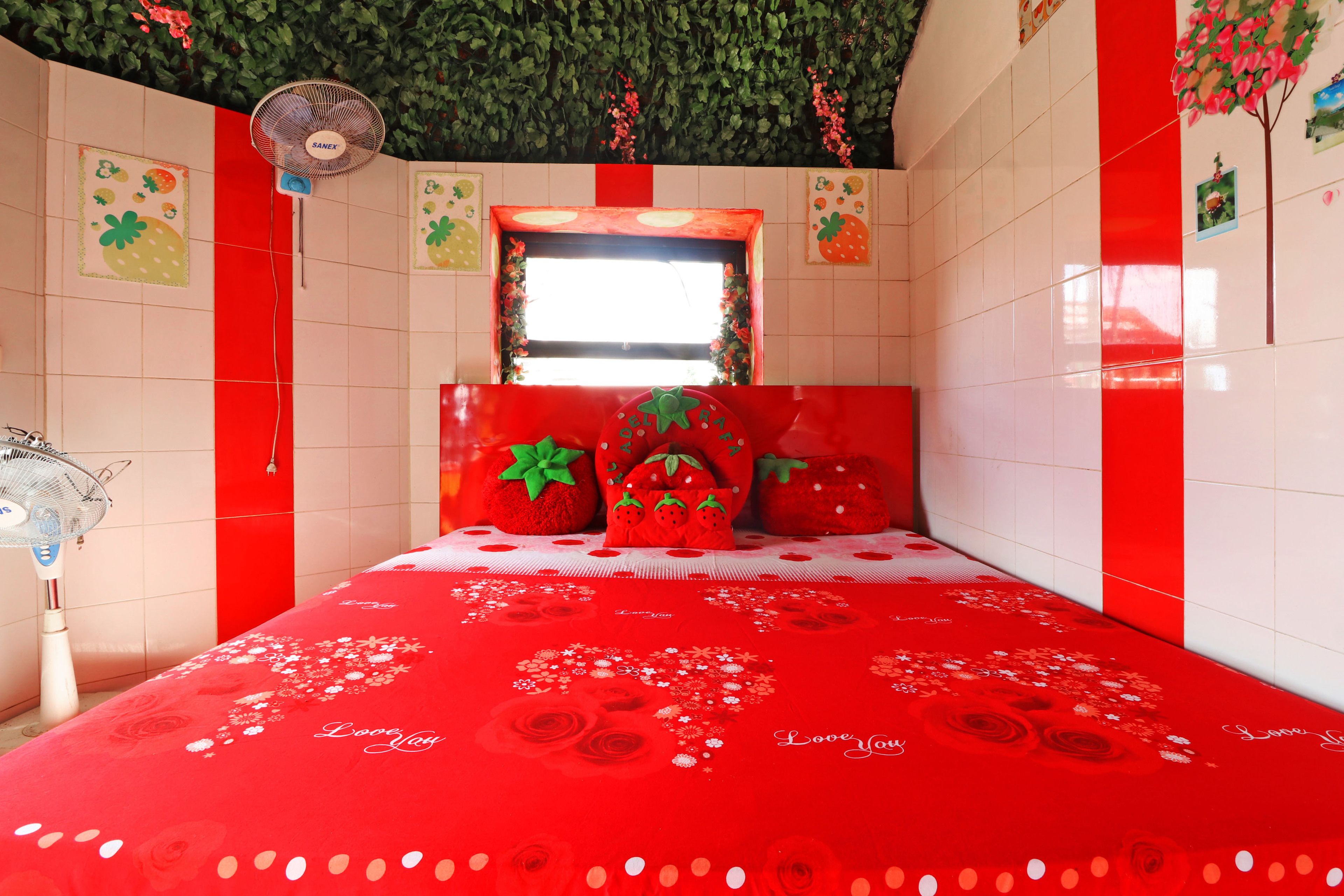 A room with a bed, a window, and a wall fan.