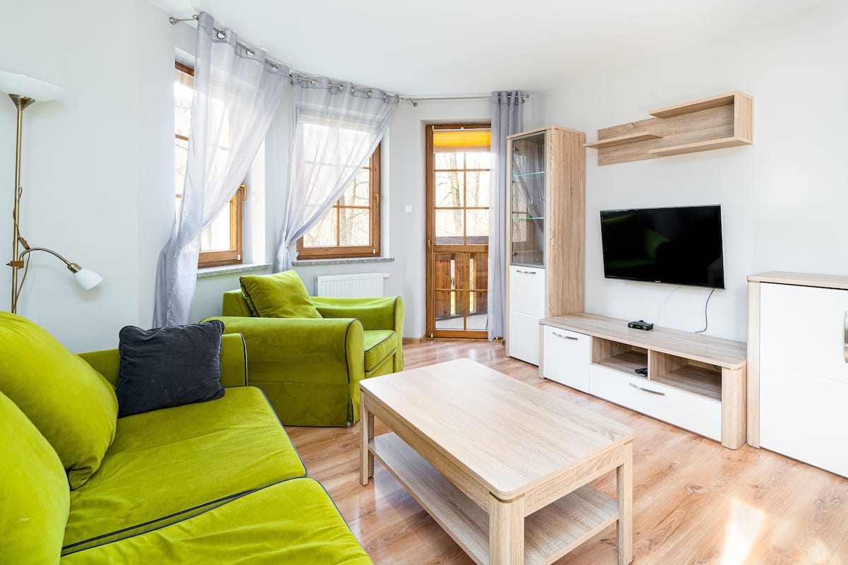 Una sala moderna con un sofá verde, una mesa de centro de madera, un televisor y un mueble.