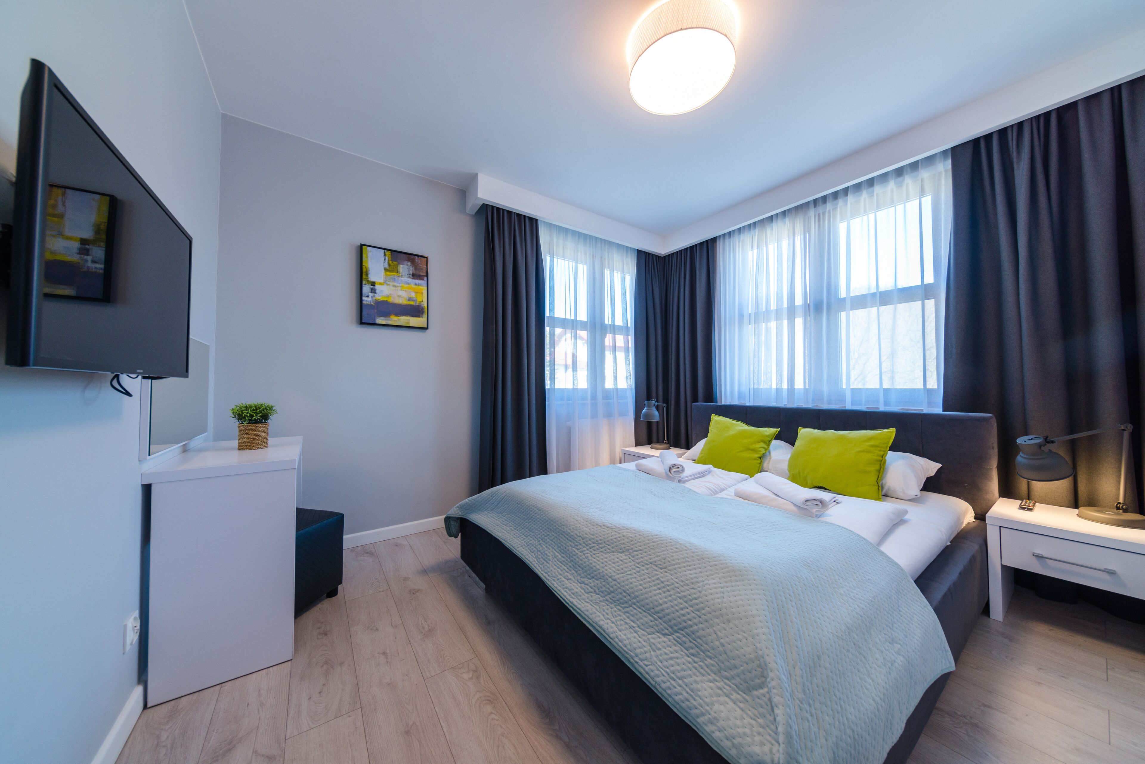 A modern hotel room with a bed, bedside tables, a TV, and a small desk with a plant.