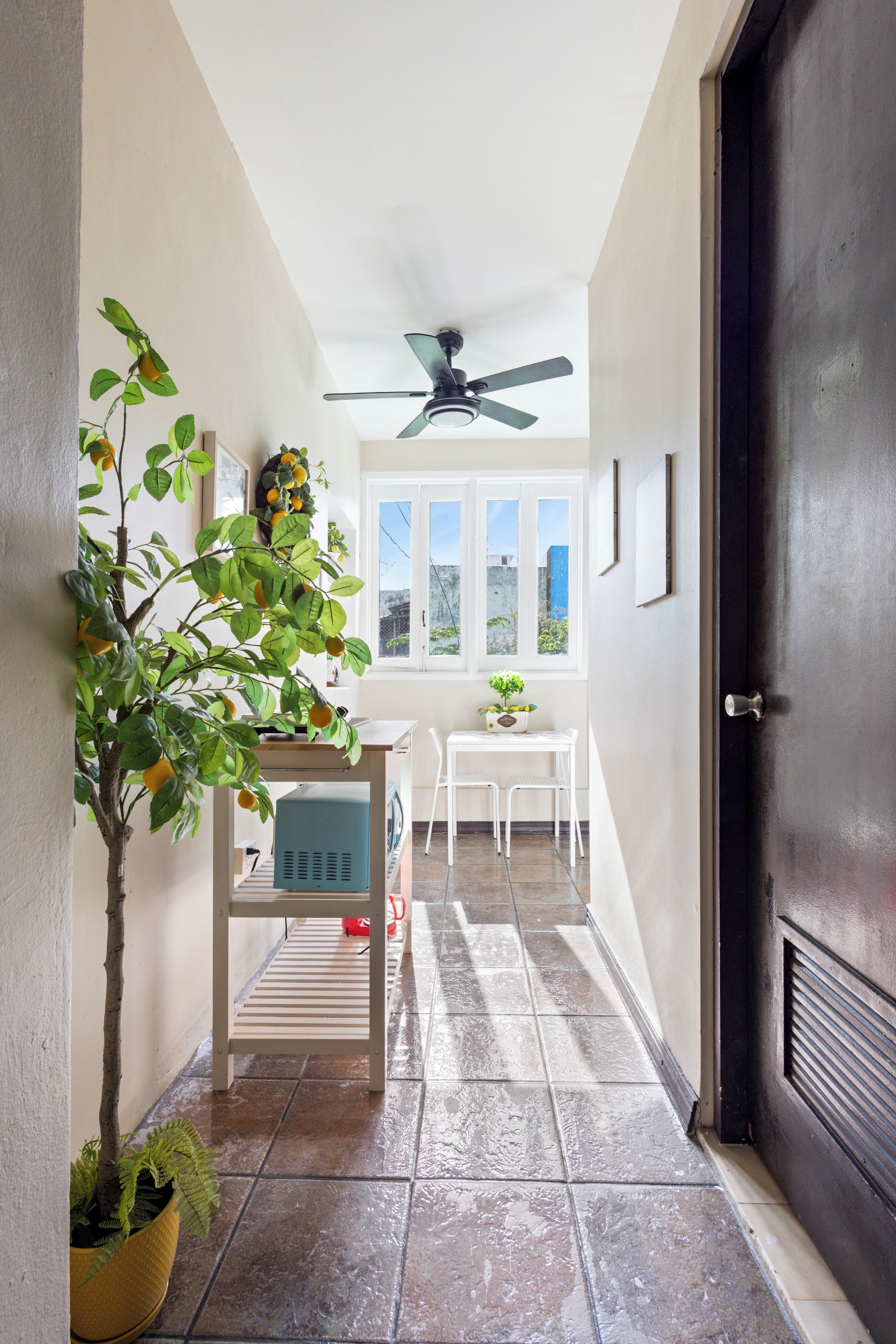 Un pasillo estrecho con un ventilador de techo, una planta en maceta, una mesa con sillas y una puerta.