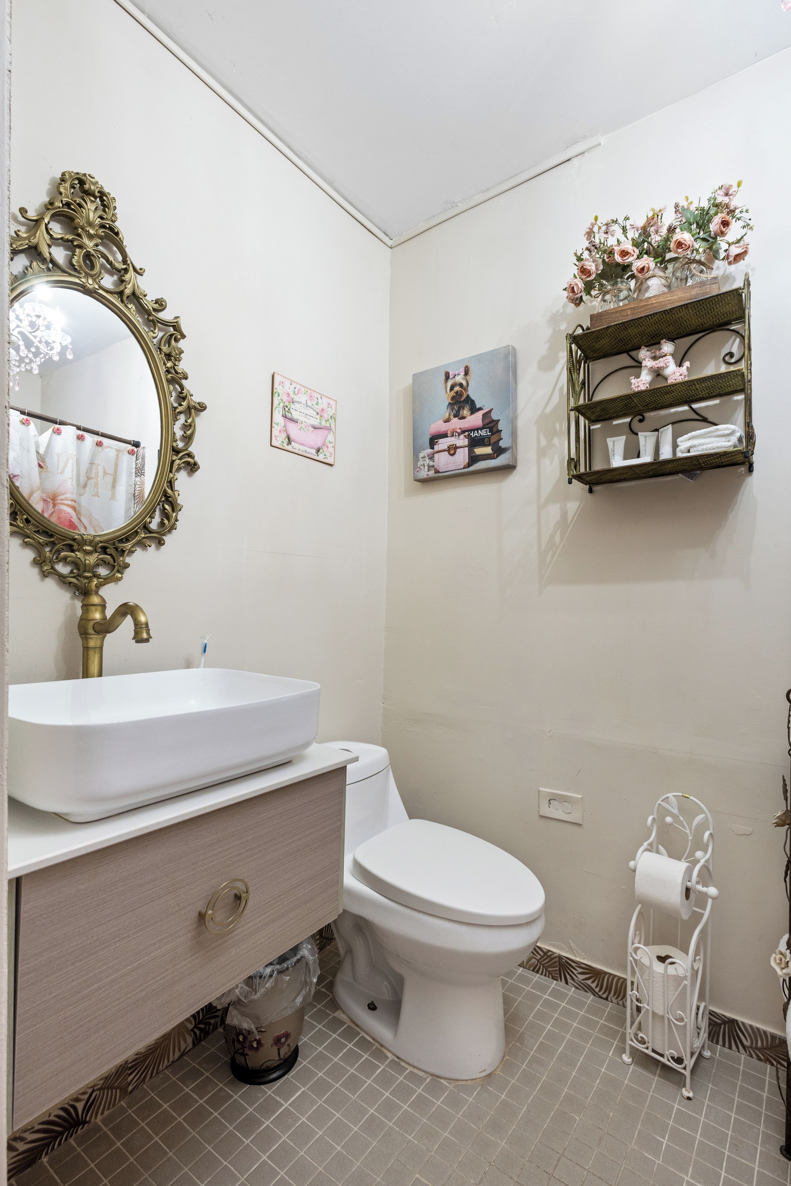 A bathroom with a white sink, a toilet, a mirror with an ornate frame, a picture of a dog, and a shelf with toiletries.