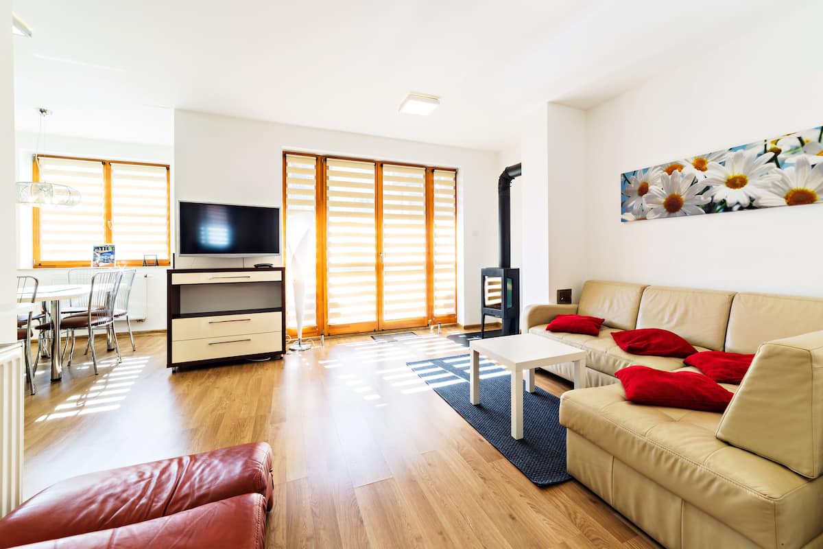 A modern living room with a sofa, red cushions, a TV, a fireplace, and a dining area with a table and chairs.