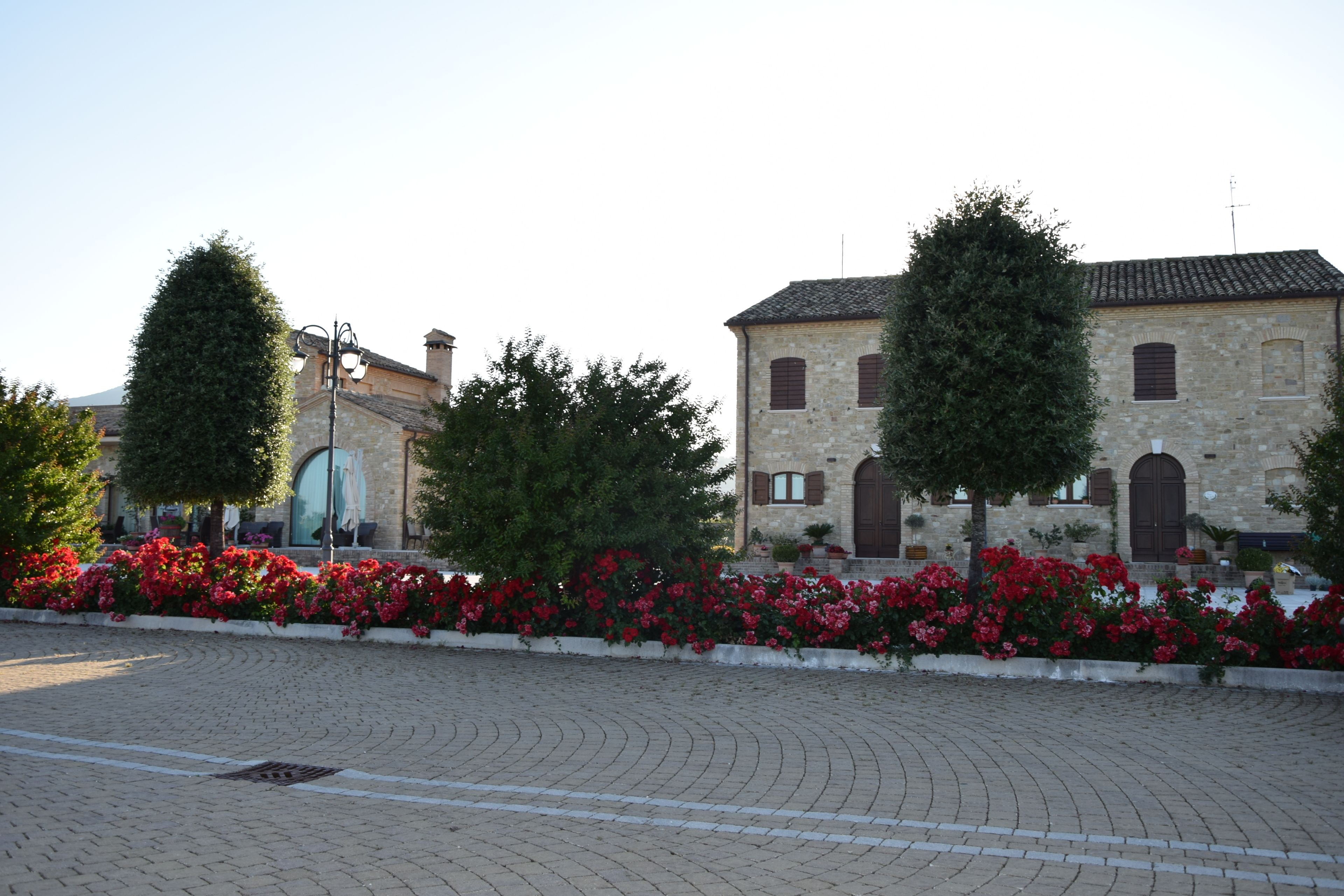A historic stone building with a tiled roof, surrounded by a cobblestone courtyard and red flowering plants.