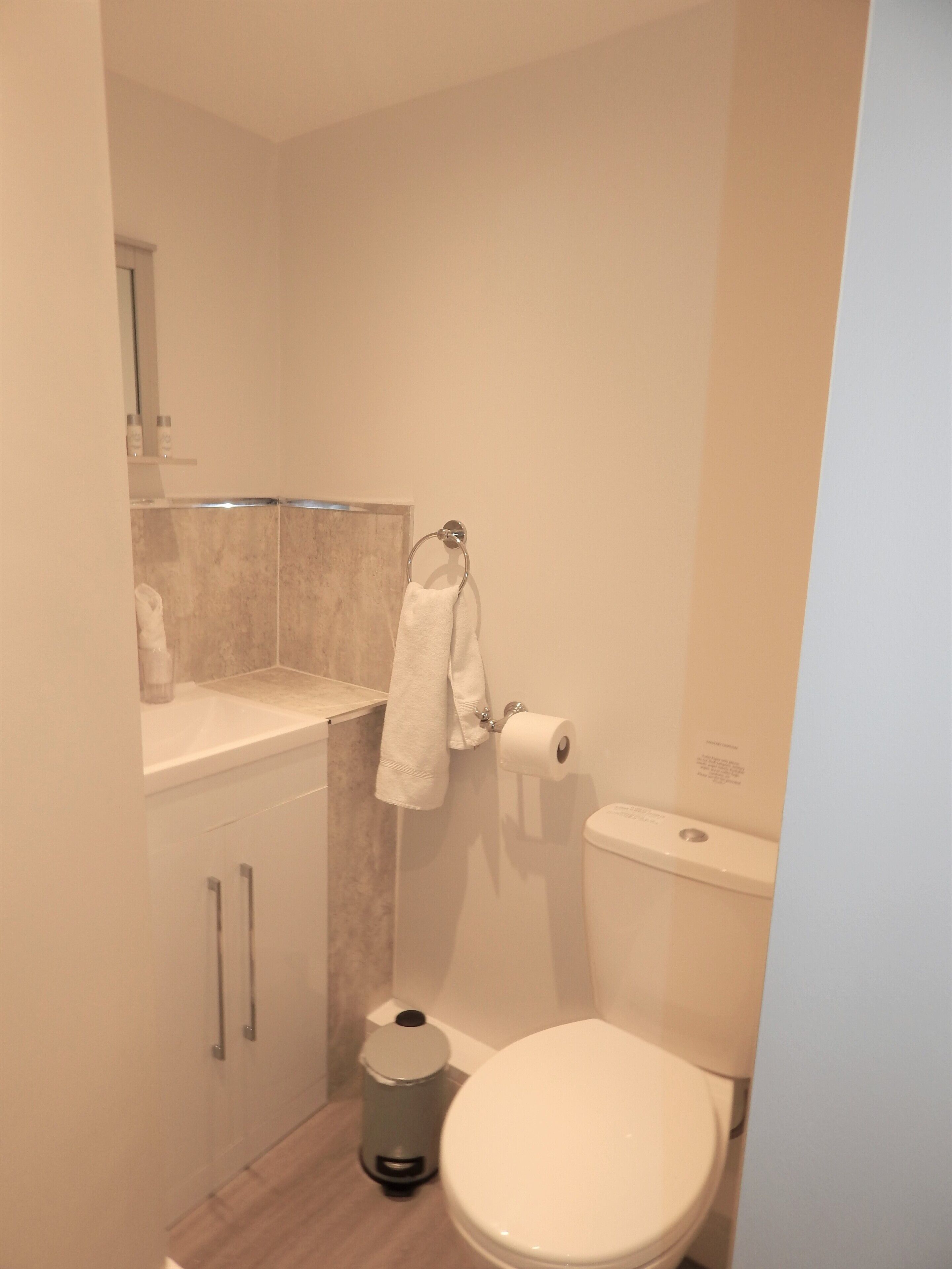 Un baño pequeño con inodoro, un cubo de basura y una toalla colgada en la pared.