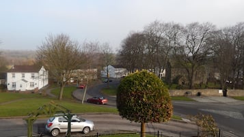 A residential street with houses, a roundabout, and a tree in the foreground.