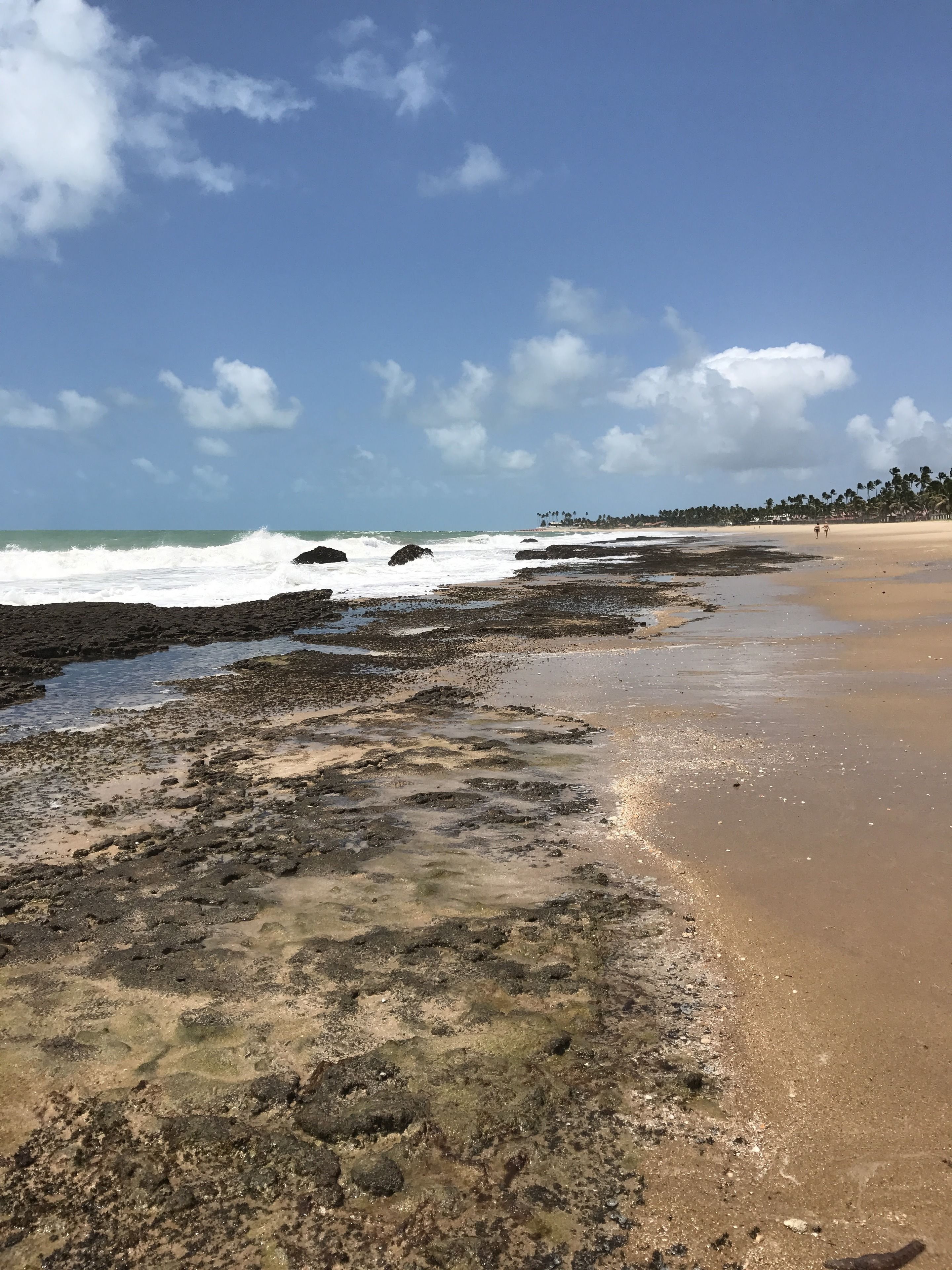 Uma praia com costa rochosa e ondas quebrando na areia.