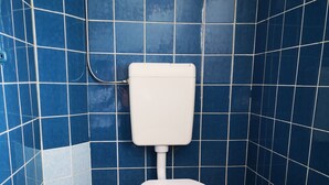 Un baño con paredes de azulejos azules, un inodoro blanco y suelo de cuadros.