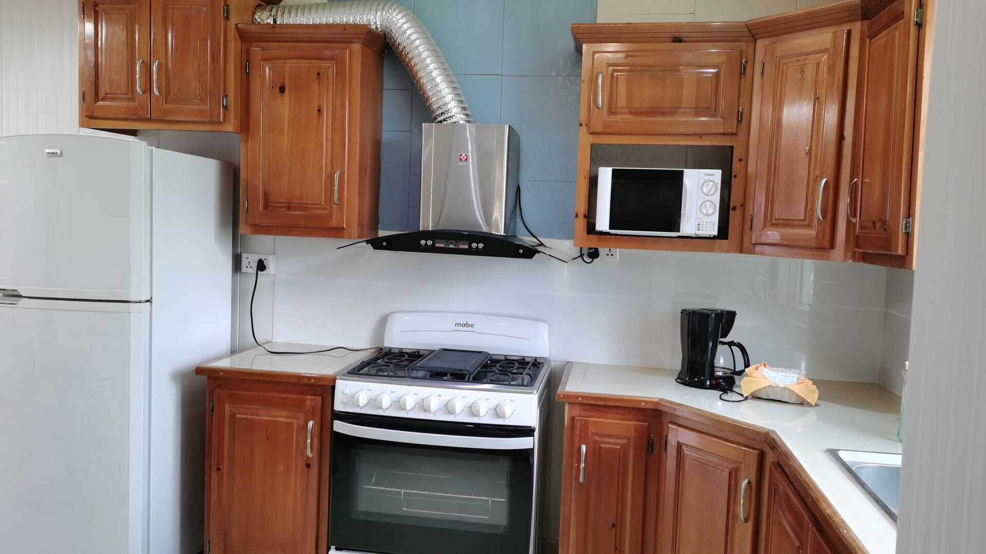 A kitchen with wooden cabinets, a stove, a microwave, and a refrigerator.