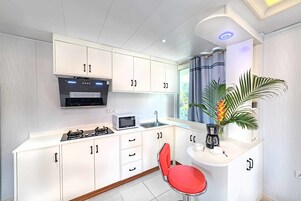 Central View Suite | Cocina privada | Frigorífico, microondas, horno y placa de cocina