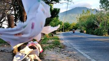 A road with a motorcycle in the distance, trees, and a mountain in the background.
