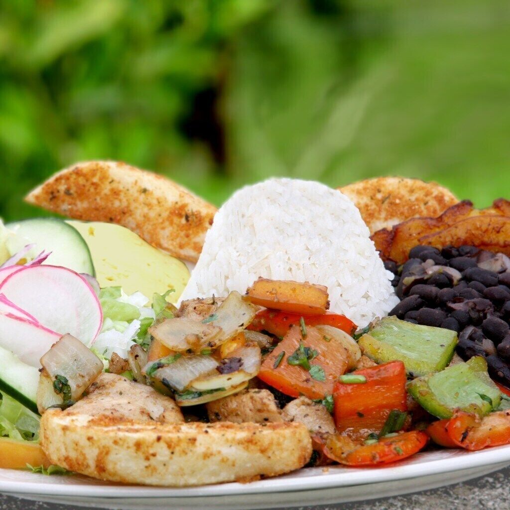 Un plato de comida con arroz, frijoles negros, aguacate, pollo a la parrilla y verduras.
