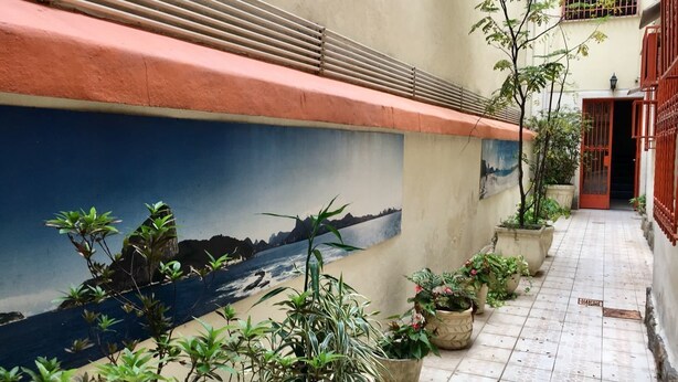 A narrow corridor with a mural of a coastal scene, potted plants, and a tiled floor. - Leblon 2 Quartos 500 Metros da Praia (Rio de Janeiro)