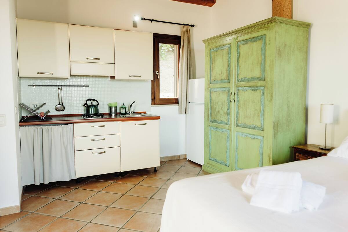 A bedroom with a bed, a green wardrobe, a kitchen area with cabinets and a kettle, and a window with curtains.