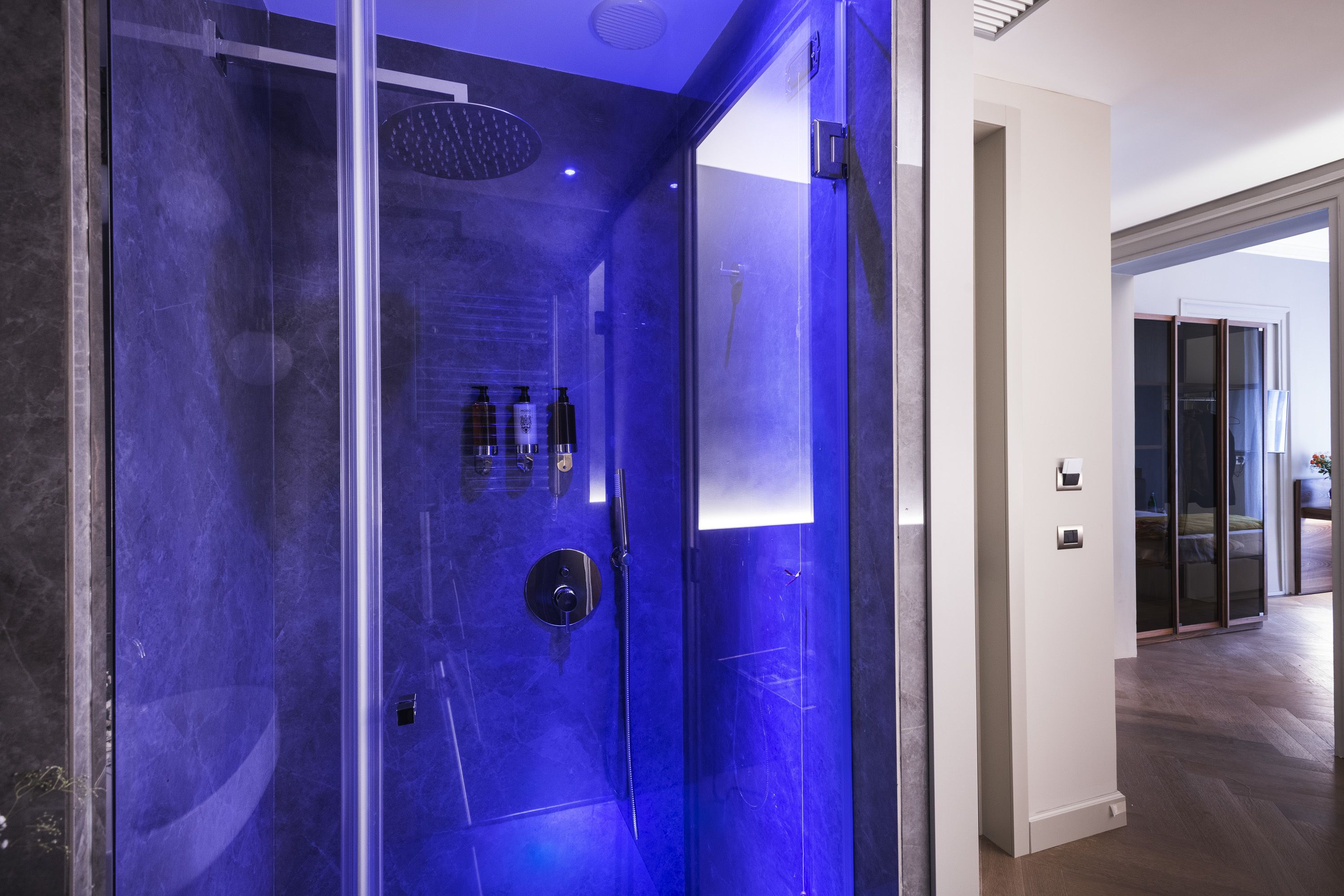 Une salle de bain moderne avec une douche à parois de verre, une pomme de douche visible et une petite étagère contenant des articles de toilette.