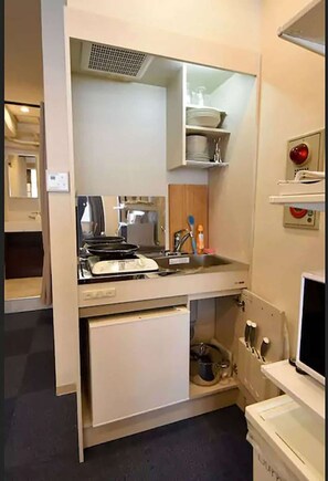 Fridge, microwave, oven, cookware/dishes/utensils