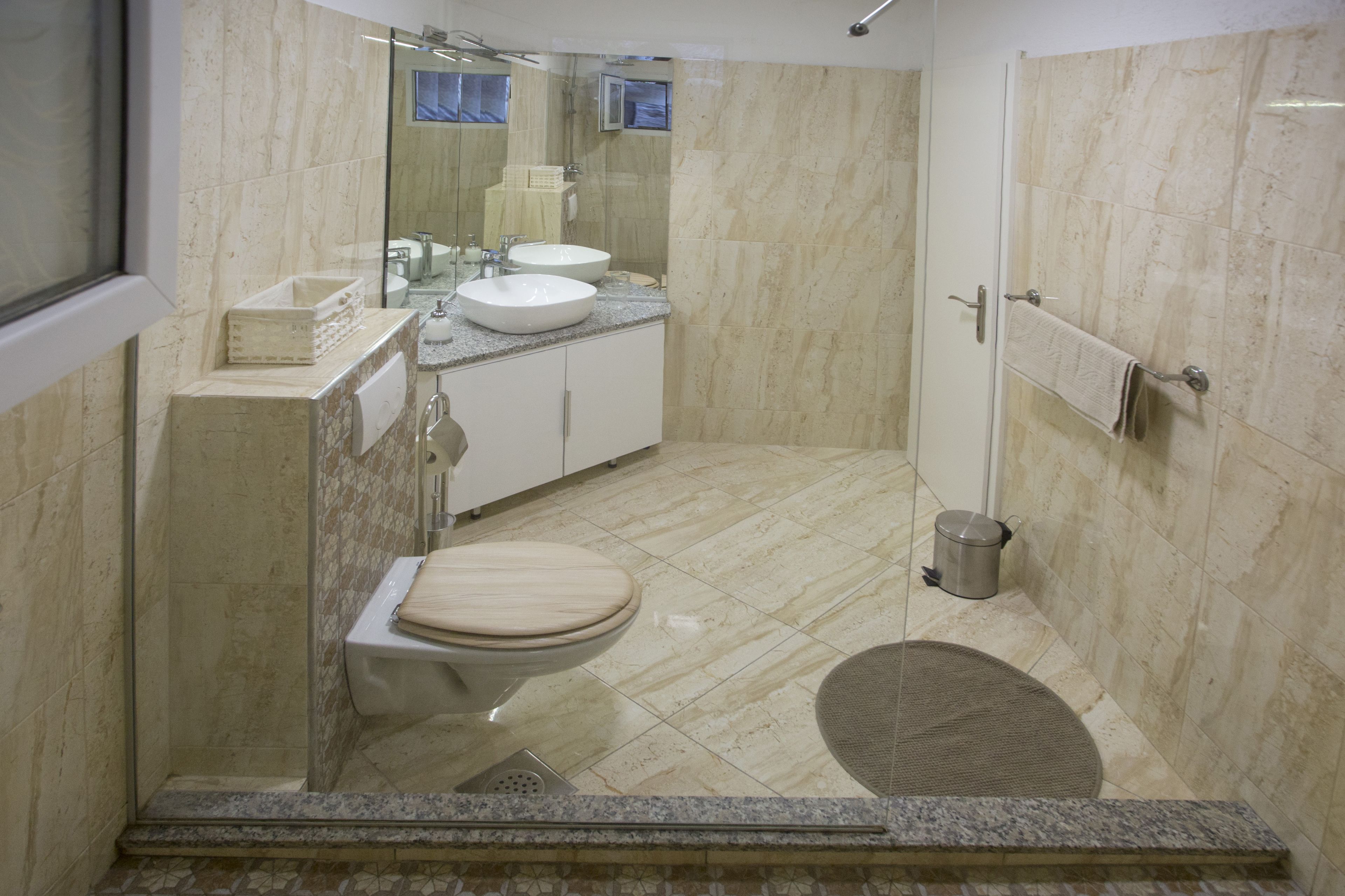 A modern bathroom with a toilet, two sinks, a shower, and a mirror.