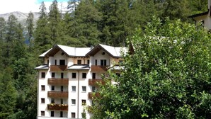 Een meerhoog hotel met balkons, omringd door dicht bos en bergen.