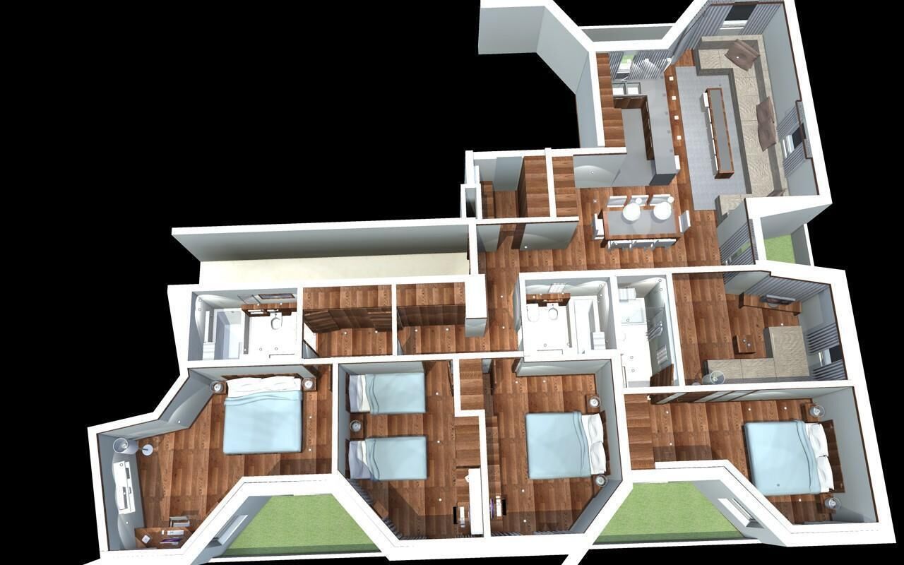 En 3D-plantegning af en moderne lejlighed med flere soveværelser, et køkken og en opholdsstue.