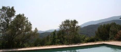 A rectangular pool with clear water, surrounded by trees and mountains in the background.