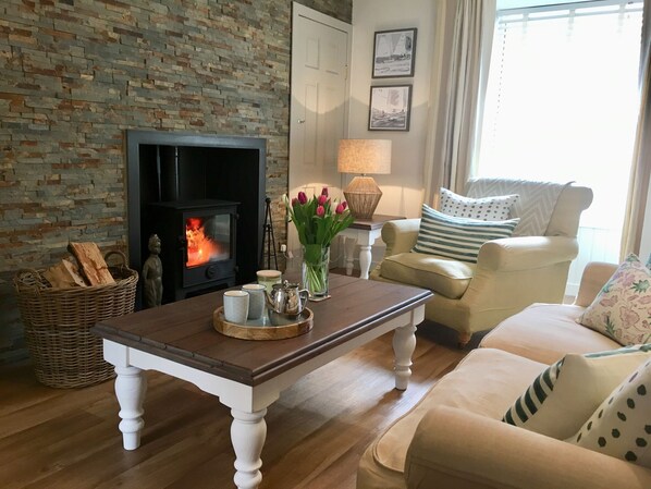 Smart TV, fireplace, DVD player, books