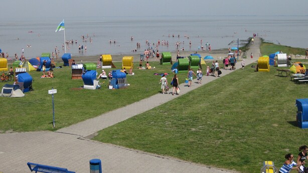 A beach with numerous colorful tents and a paved walkway leading to the water.