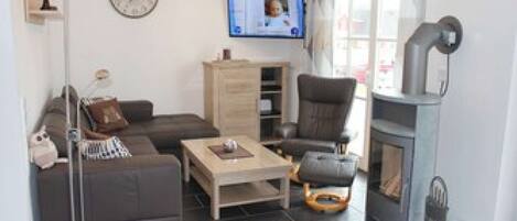 TV, fireplace, DVD player, books