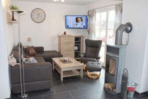 TV, fireplace, DVD player, books