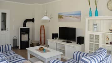 Smart-tv, eldstad, dvd-spelare och böcker