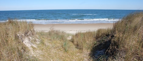 On the beach, sun loungers
