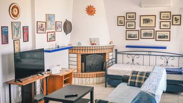 Smart TV, fireplace, books, stereo