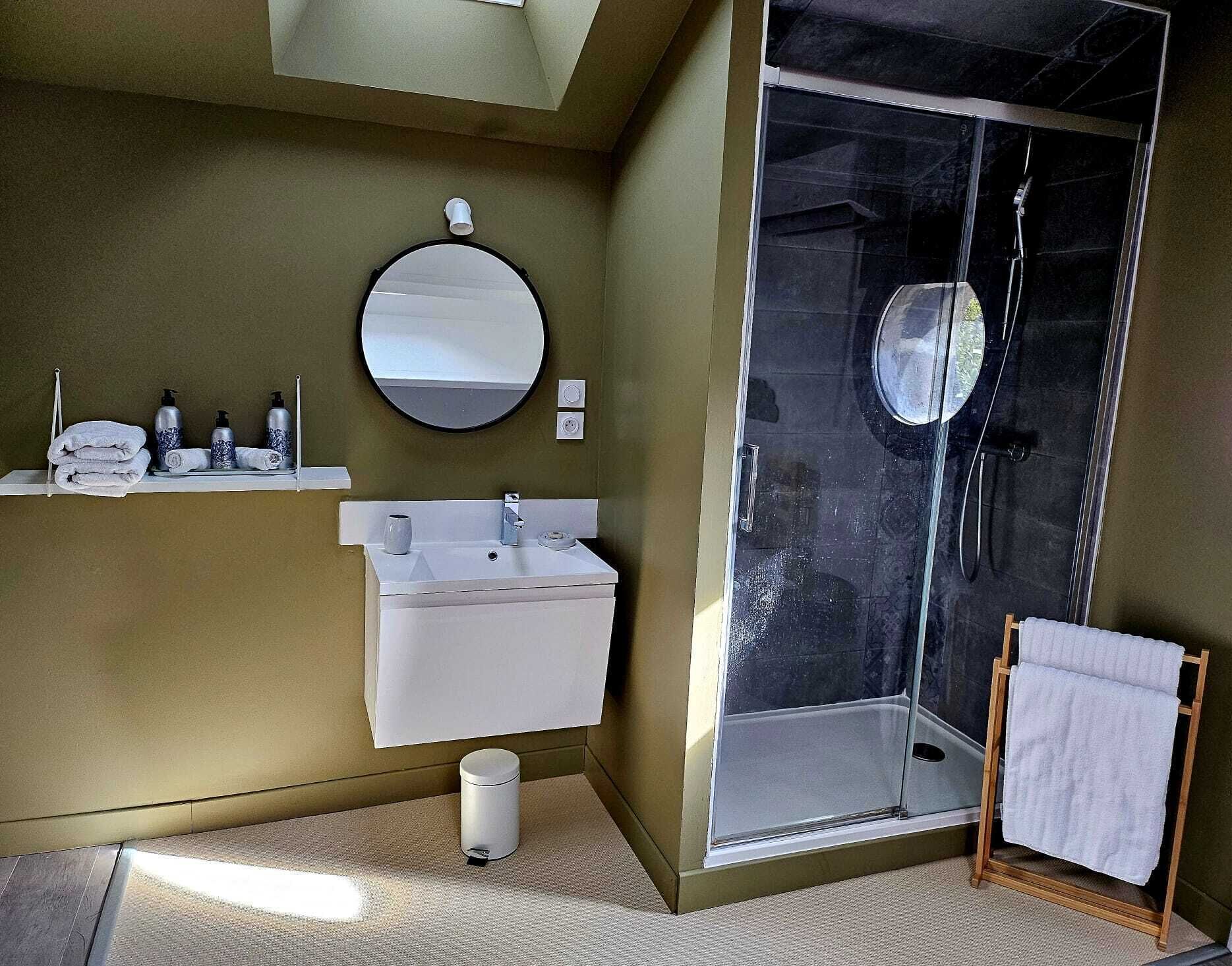 Ein modernes Badezimmer mit Duschkabine, Waschbecken und Spiegel.