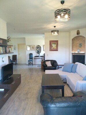 Télévision, cheminée, livres