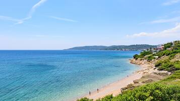 On the beach, sun-loungers
