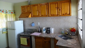 A compact kitchen with wooden cabinets, a refrigerator, a stove, a sink, and a window. - Accommodation Tierras del sol (Entire House 2 bedrooms, close to the Center) (Las Heras)