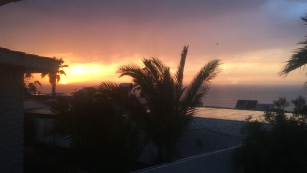 Zonsondergang uitzicht vanaf een balkon met uitzicht op een strand, palmbomen en een verre horizon.