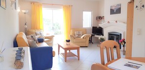 Fernseher, Kamin, DVD-Player, Bücher