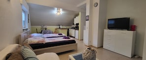 Un dormitorio con cama, televisión, escritorio y armario.
