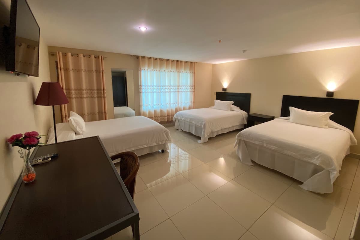 A hotel room with two beds, a desk, a TV, and a window with curtains.