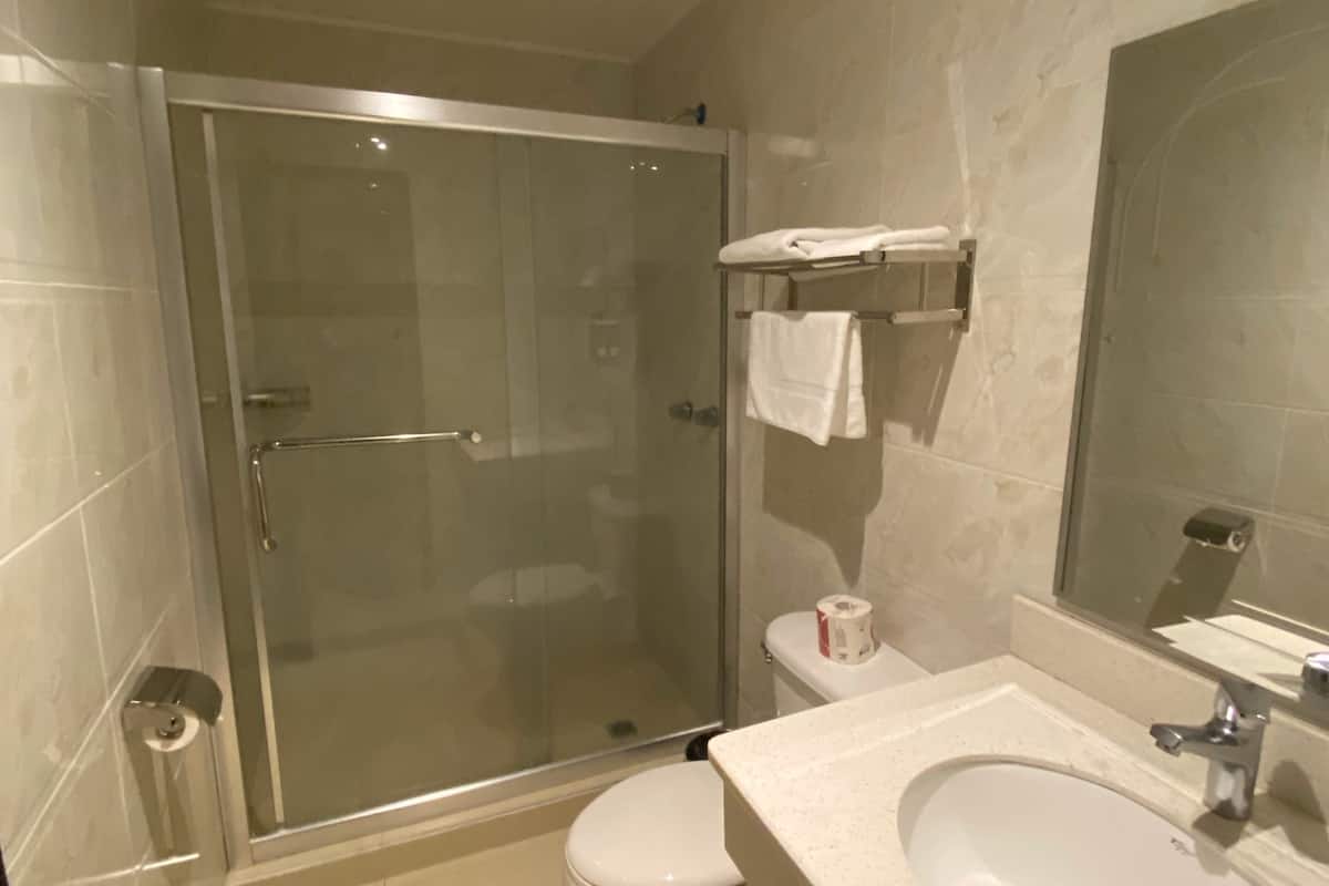 shower, rainfall showerhead, free toiletries, hair dryer