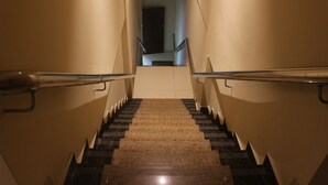 Un escalier avec des marches en marbre et des rampes en métal, menant à un palier sur lequel se trouve une porte.
