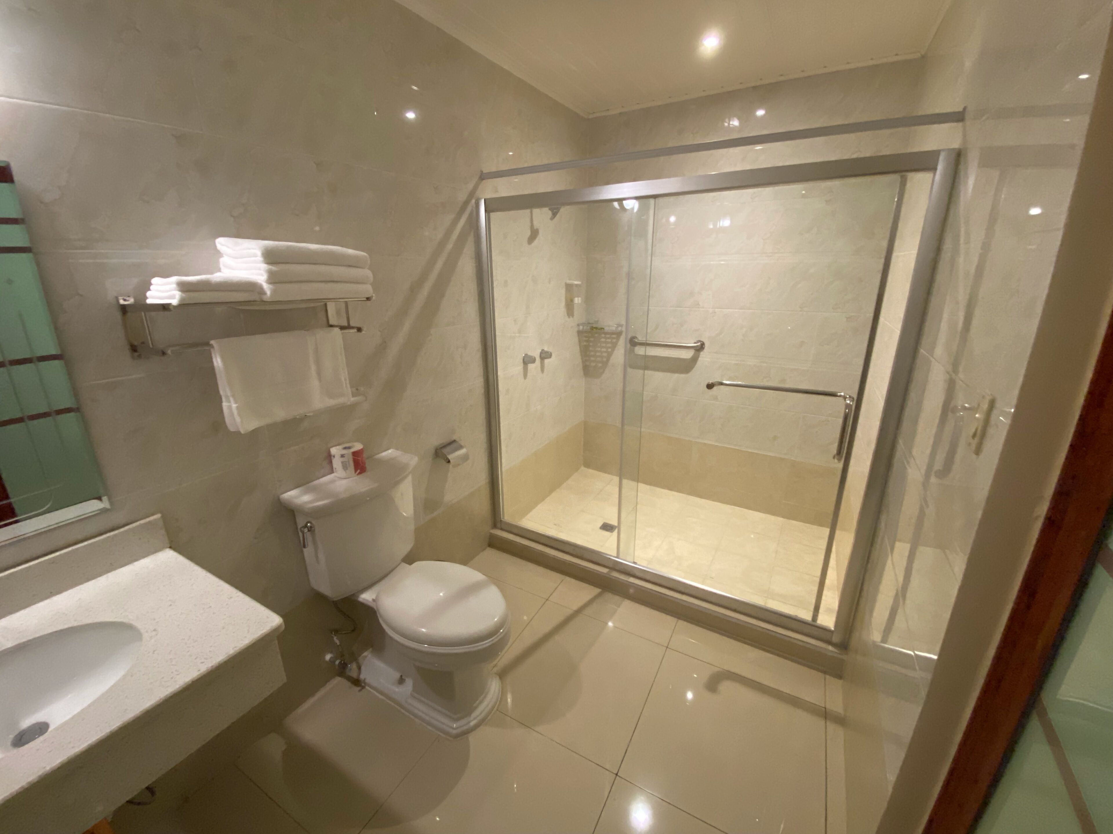 shower, rainfall showerhead, free toiletries, hair dryer