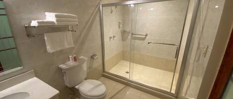 A modern bathroom with a glass-enclosed shower, a toilet, and a sink.