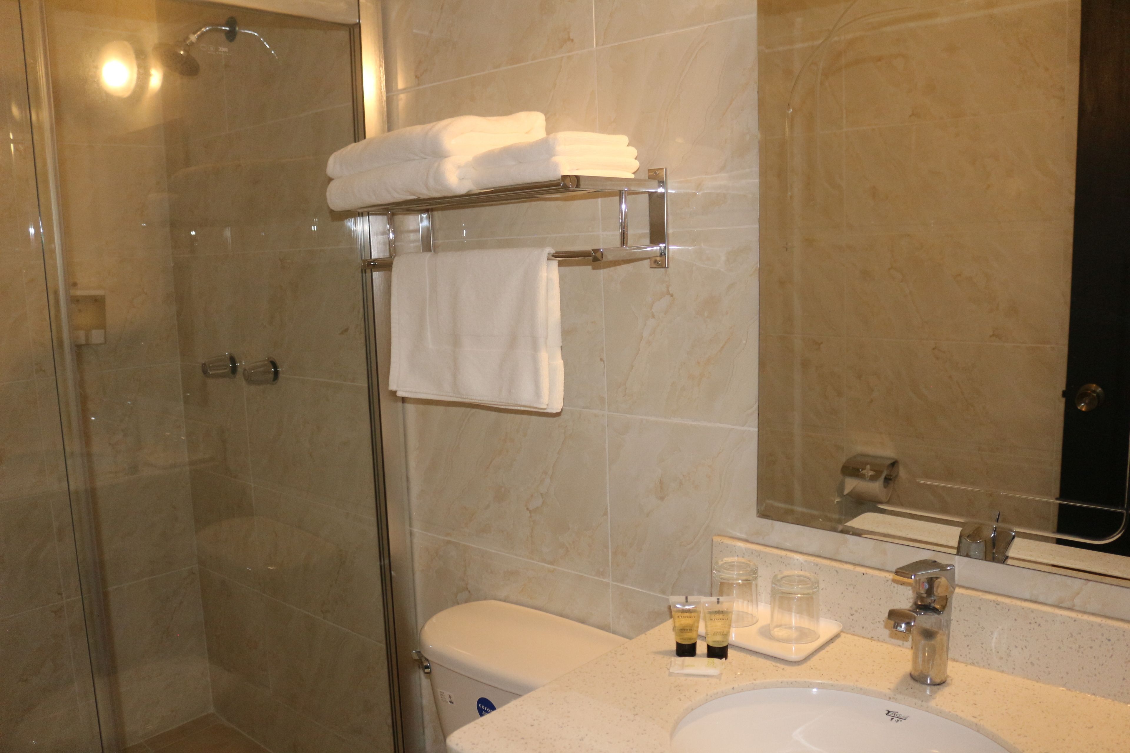 shower, rainfall showerhead, free toiletries, hair dryer