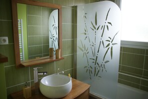 Tina con regadera, secadora de cabello, papel de baño 