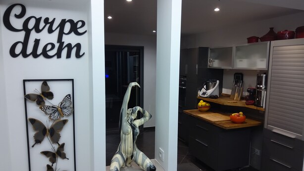 Una cocina moderna con una isla central, un cuadro decorativo de una mariposa y un refrigerador.
