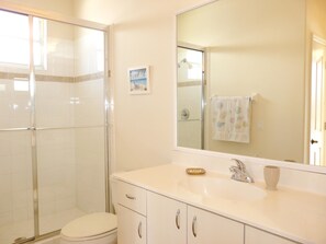 A bathroom with a glass shower enclosure, a white toilet, a sink with a soap dish, and a large mirror. - 779 Amazon Court (Marco Island)